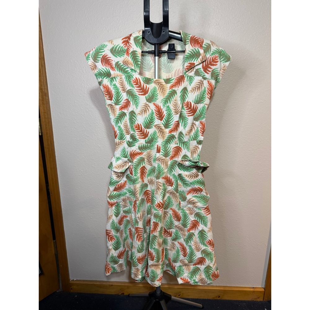 Vintage Style Tropical Fern Leaf Print Fit Flare Dress‎ Pockets Green Orange M